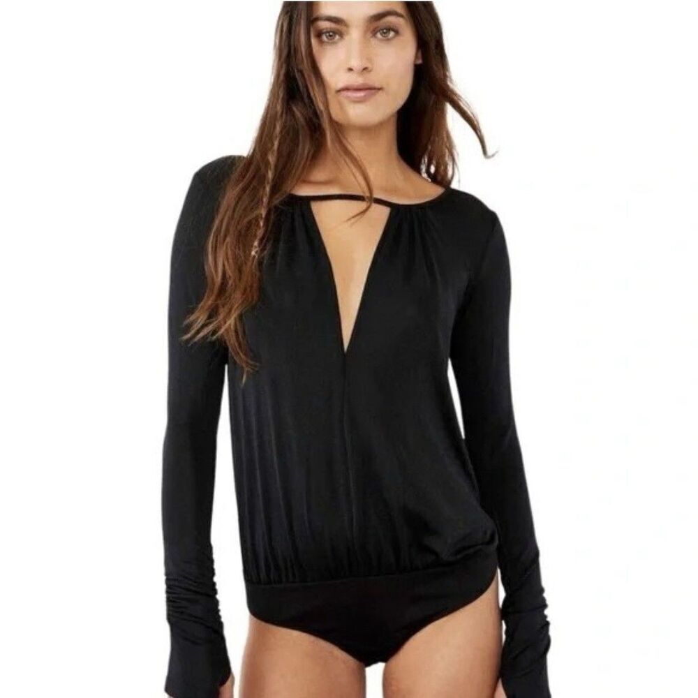 INTIMATELY FREE PEOPLE Kaya Cut-Out Plunge Draped Black Bodysuit NEW Sz Small